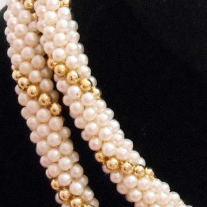 26 in Gold Pearl crocheted beaded necklace Art VTG